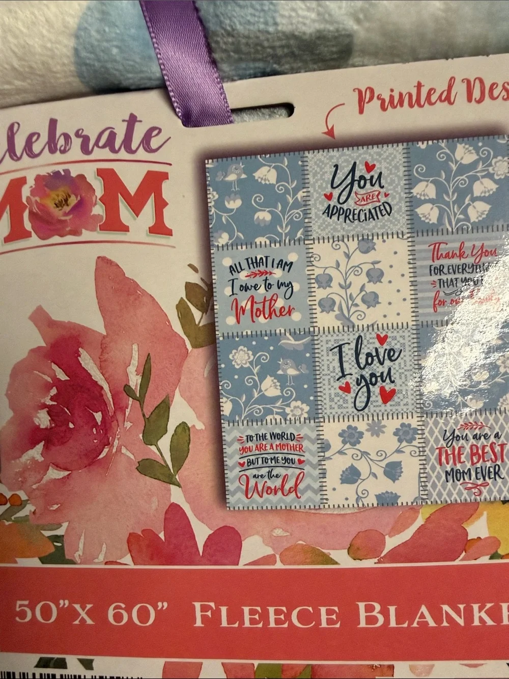 50x60 Celebrate Mom Fleece Blanket - Blue Floral Patch Design
